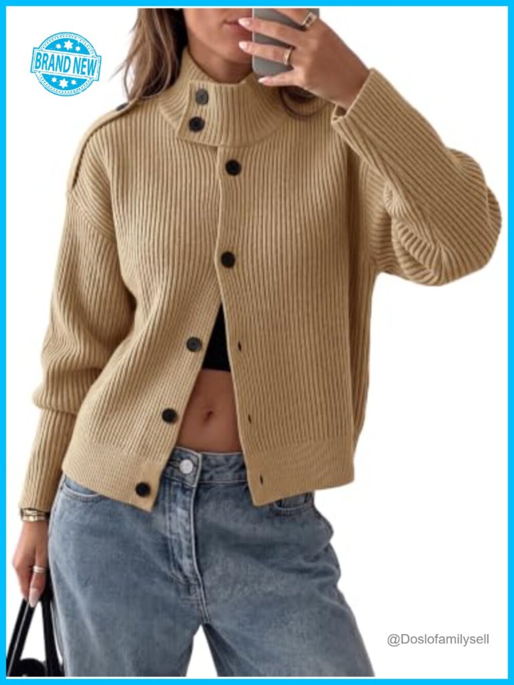 Womens Chunky Knit Button Cardigan Sweater Mock Neck Long Sleeve Fall